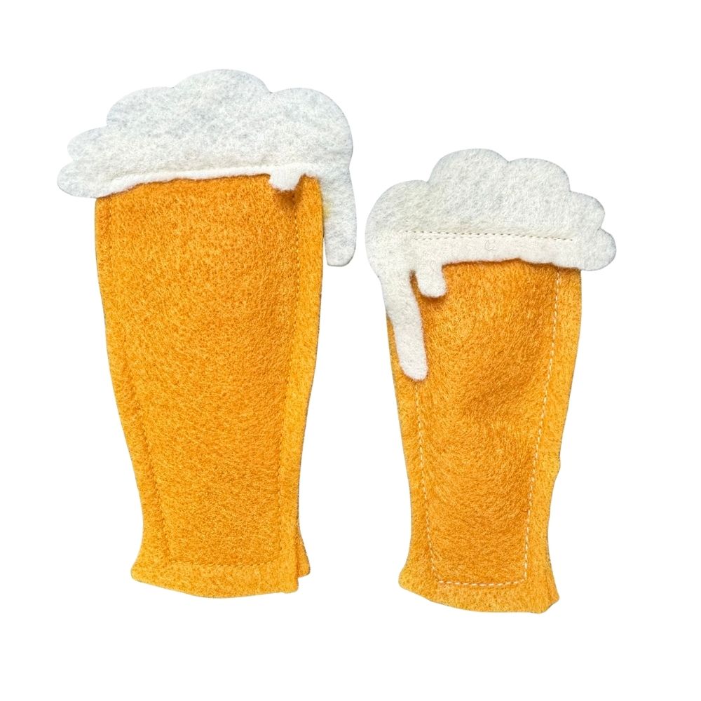 Small and large beer cat toys in textured golden felt with layered white foam tops