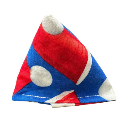 Beer pong themed cat toy with catnip featuring red cups and white dot accents on blue cotton fabric