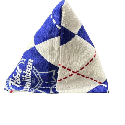Beer cat toy with catnip in blue and cream geometric fabric with vintage beer label style print