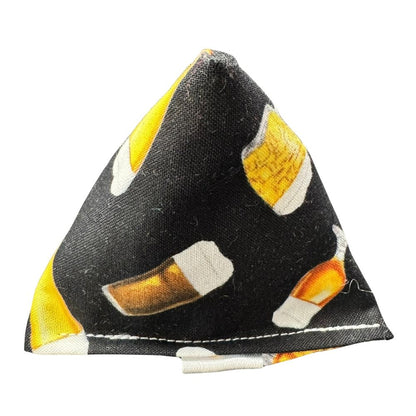 Black cotton beer cat toy with catnip showing scattered pint glass icons in yellow and white across the fabric