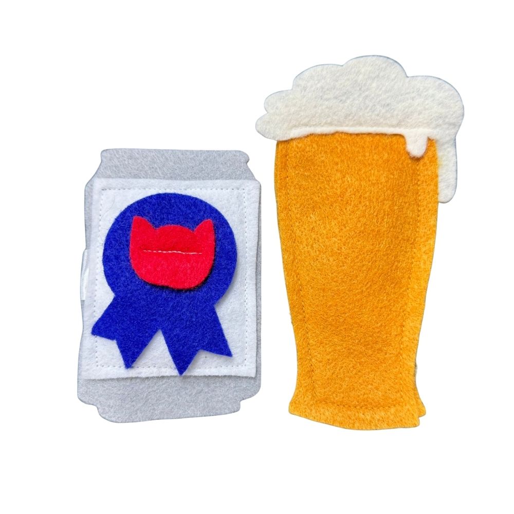 Medium beer cat toy shown beside felt can, handmade catnip toy for active indoor cats