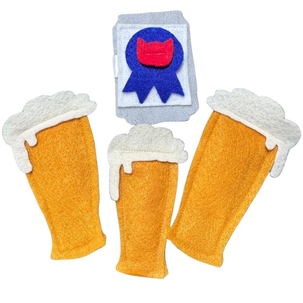 Beer cat toy in Small and Medium sizes displayed with felt can, handmade catnip toy for indoor cats