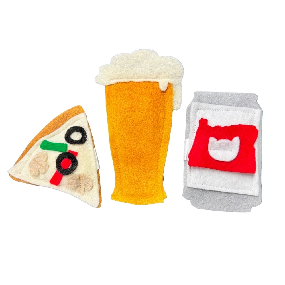 Beer cat toy displayed with pizza slice and felt can from foodie catnip toy collection