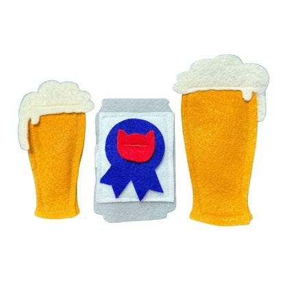 Beer cat toy in Small and Medium sizes shown with matching felt can, handmade catnip toy for indoor cats