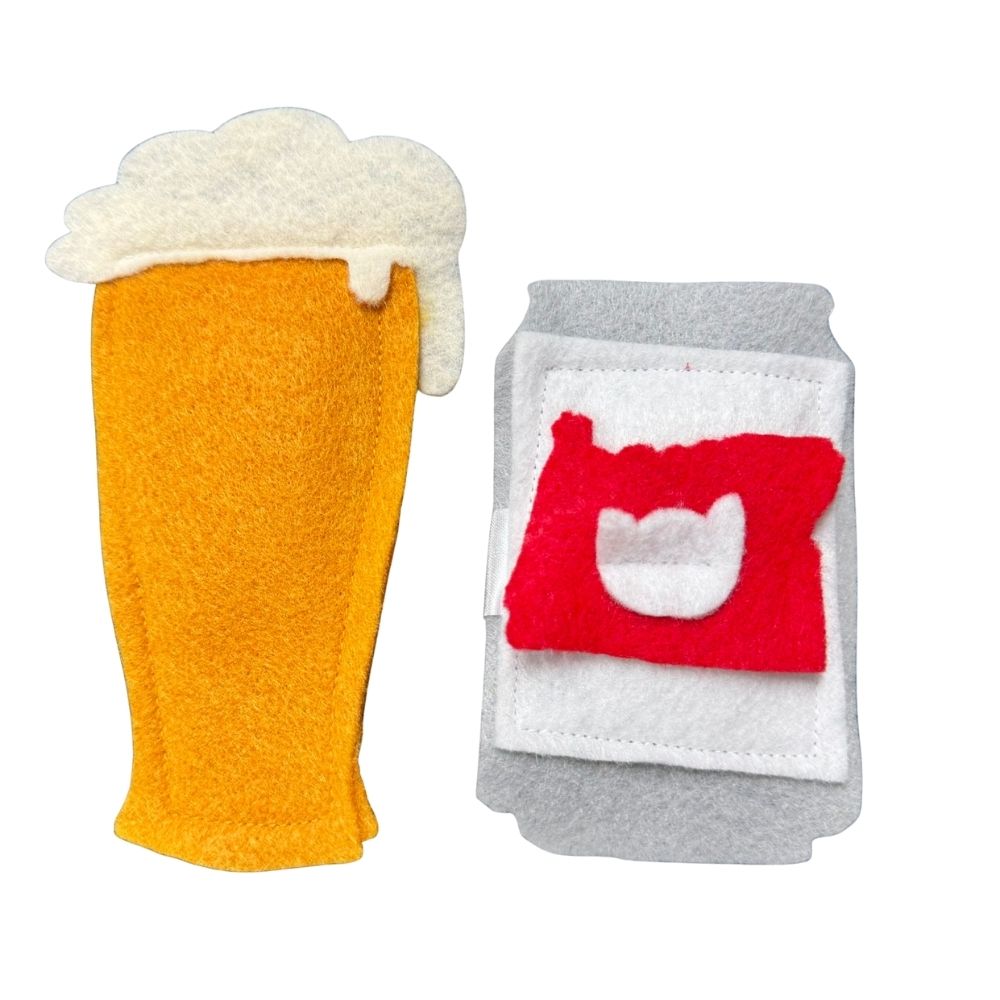 Small beer cat toy shown with felt can, handmade catnip toy for indoor play