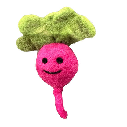 Beet-shaped wool cat toy with a rounded pink body and green leafy top, sprayed with aromatic catnip for interactive batting and independent play. Made by CatnipTakeout.