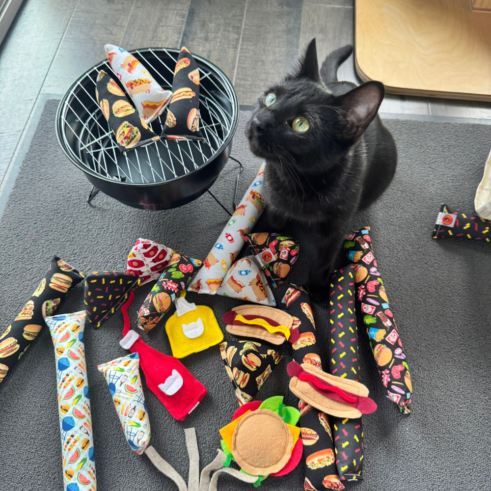 Black cat near catnip toys with burgers, hot dogs, ketchup bottles, mustard bottles, and grilling inspired foodie toys