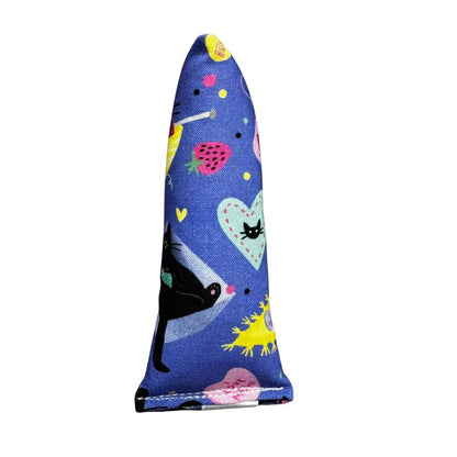 Handmade mini kicker cat toy in blue fabric with black cats, hearts, strawberries, and Valentine icons, slim shape for batting and carrying, filled with signature premium catnip. Made by CatnipTakeout.