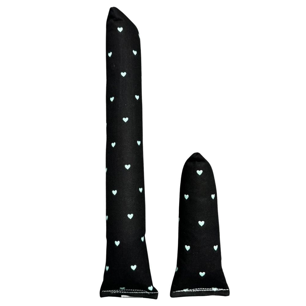 Group photo of handmade full-size kicker and mini kicker cat toys in black fabric with small mint hearts, both filled with signature premium catnip. Made by CatnipTakeout.