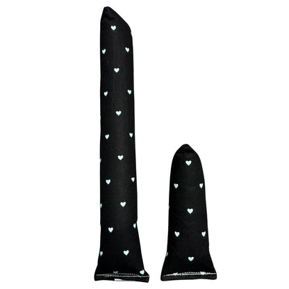 Group photo of handmade full-size kicker and mini kicker cat toys in black fabric with small mint hearts, both filled with signature premium catnip. Made by CatnipTakeout.