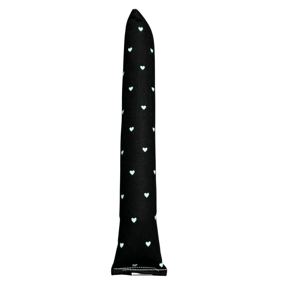 Handmade full-size kicker cat toy in black fabric with small mint hearts, long and sturdy for bunny-kicking, filled with signature premium catnip. Made by CatnipTakeout.