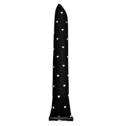 Handmade full-size kicker cat toy in black fabric with small mint hearts, long and sturdy for bunny-kicking, filled with signature premium catnip. Made by CatnipTakeout.