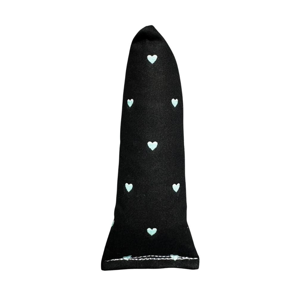 Handmade mini kicker cat toy in black fabric with small mint hearts, slim and lightweight for batting and carrying, filled with signature premium catnip. Made by CatnipTakeout.