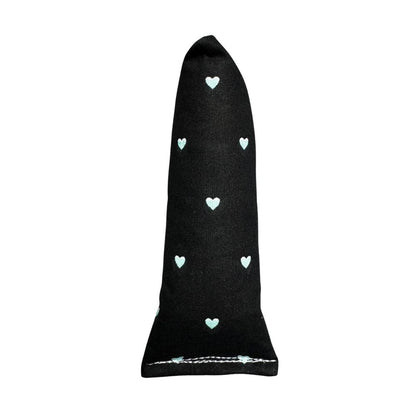 Handmade mini kicker cat toy in black fabric with small mint hearts, slim and lightweight for batting and carrying, filled with signature premium catnip. Made by CatnipTakeout.