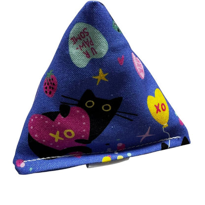 Handmade Happy Sack cat toy in blue fabric with black cats, hearts, strawberries, and Valentine icons, pyramid-shaped and filled with signature premium catnip for pounce-and-wobble play. Made by CatnipTakeout.