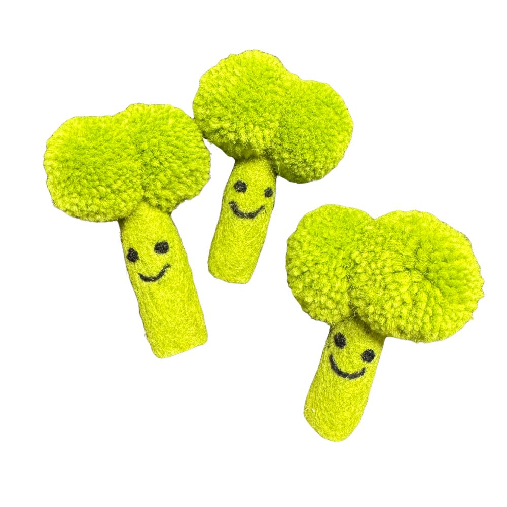 Broccoli Cat Toy green wool cat toys shaped like broccoli with textured tops and stitched faces, sprayed with catnip interactive play