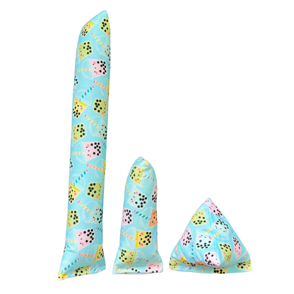 Blue boba tea kicker, mini kicker, and pyramid cat toys filled with catnip for active play