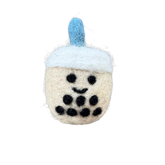bubble tea cat toy with face and pearls for batting and chasing