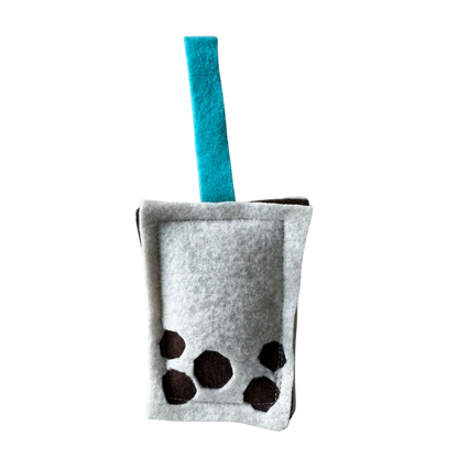 Bubble tea cat toy with blue straw for swat and chase play, swatting and chasing