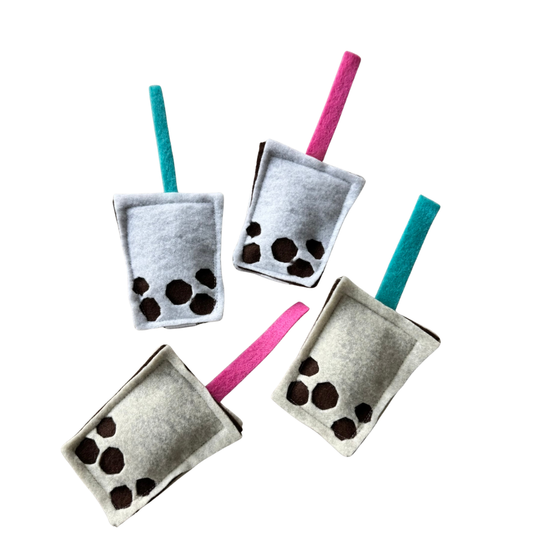 Bubble tea cat toy with straw for tap and chase play, batting and chasing