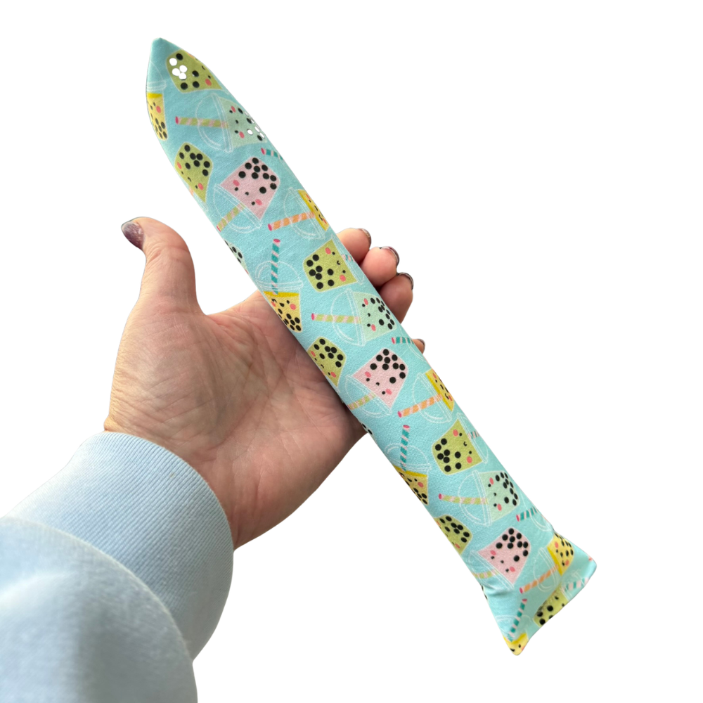 Blue boba tea kicker cat toy filled with catnip for bunny kicking and active play