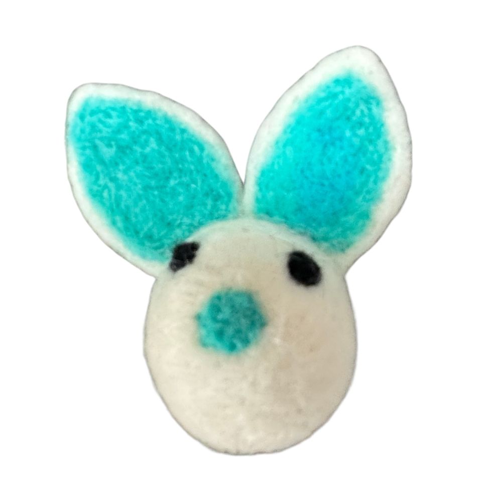 Bunny cat toy with teal ears sprayed with catnip for batting and chasing play