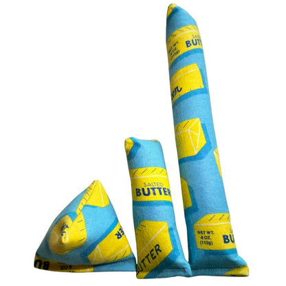 Butter print catnip happy sack with matching kicker and mini kicker cat toys, handmade soft flannel toys designed for interactive play and kicking by CatnipTakeout