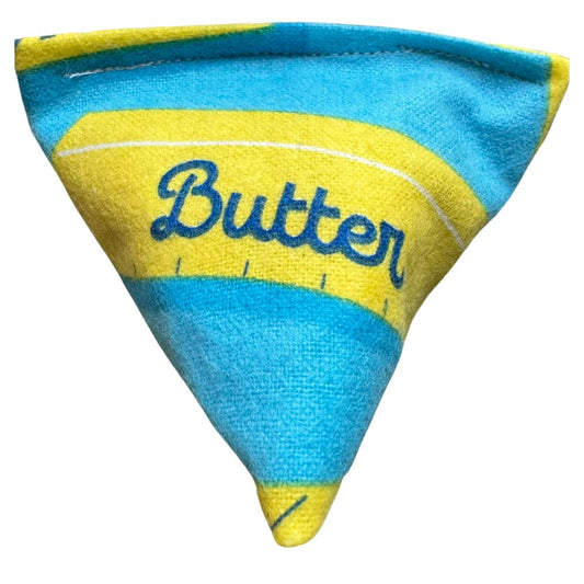 Butter print pyramid-shaped cat toy filled with catnip for enrichment play