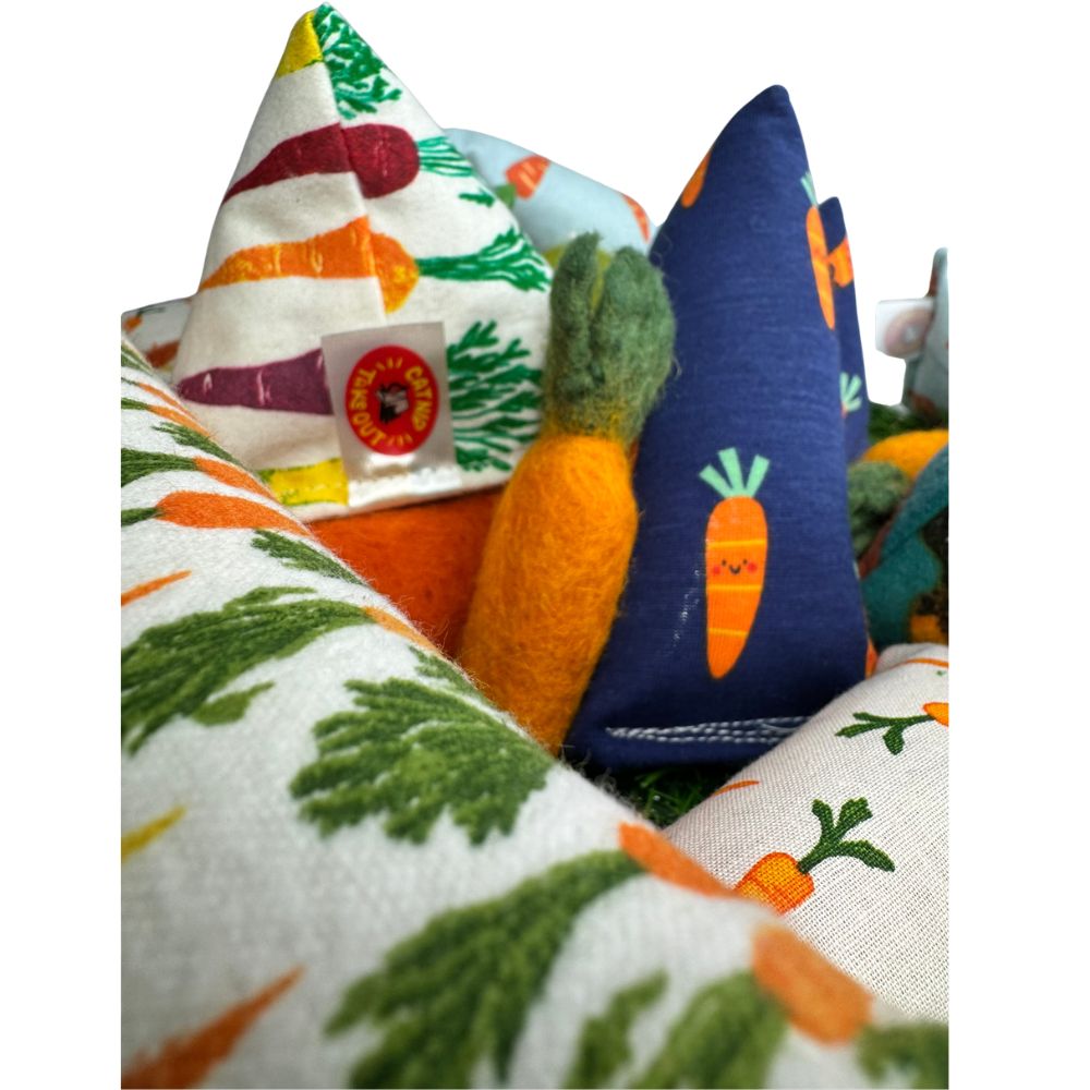 Carrot cat toys grouped together for pounce, chase, and carry play.
