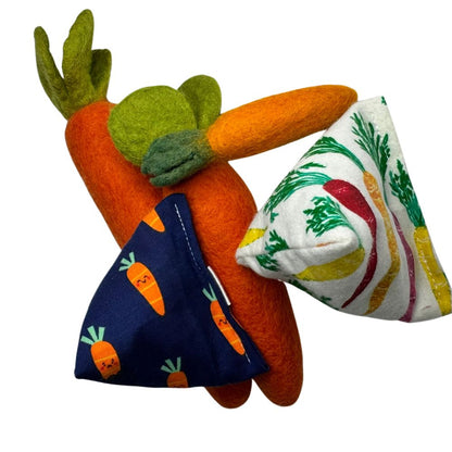 Mixed carrot cat toys including wool carrots, carrot kicker, and Happy Sack for batting and carrying