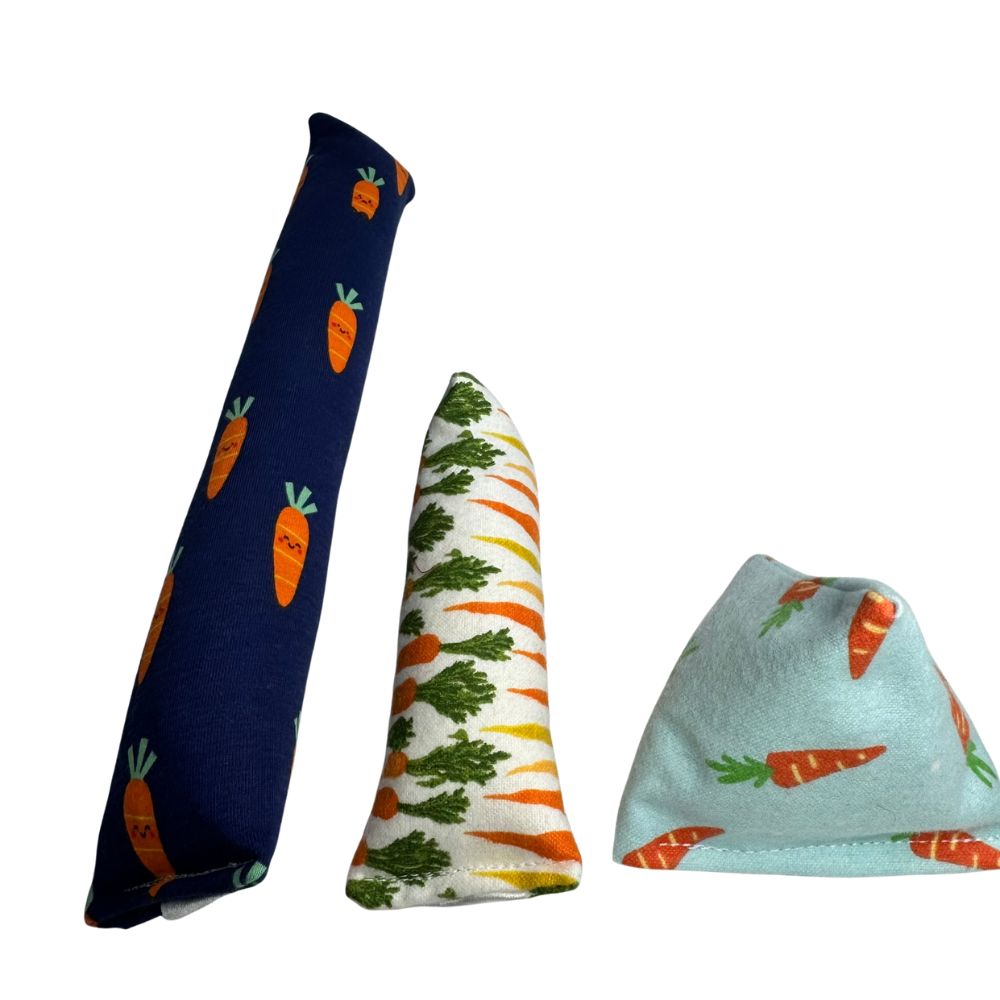 Carrot cat toy shown as Happy Sack, Mini Kicker, and Kicker for batting, carrying, and kick play.