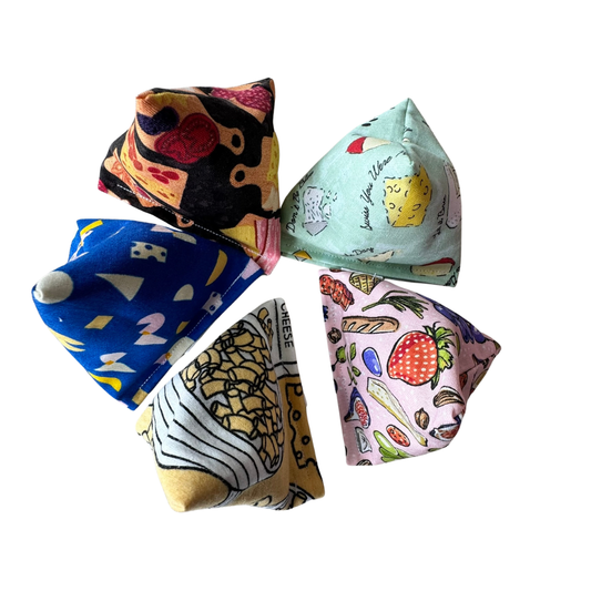 Cheese themed Happy Sack cat toys filled with premium catnip for playful indoor cats and zoomie sessions