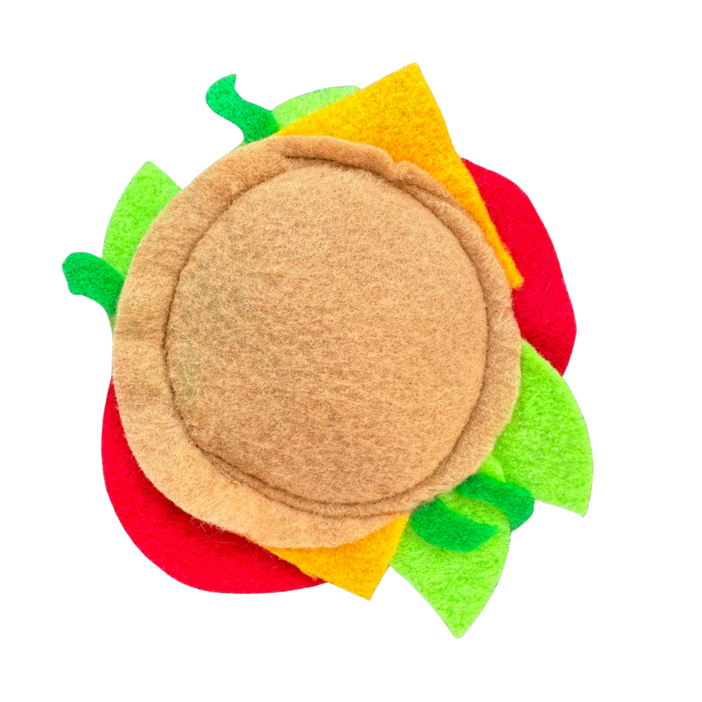 Felt cheeseburger cat toy filled with catnip for batting, chasing, and indoor cat enrichment