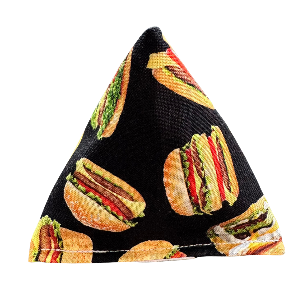 Cheeseburger themed catnip toy for cats with juicy burgers on black cotton for chasing, pouncing, and batting