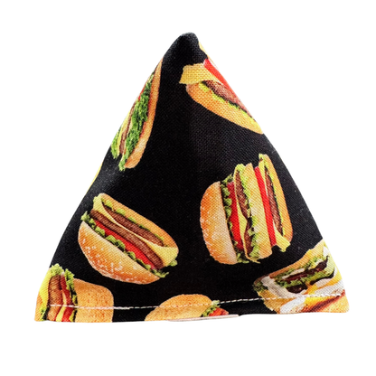 Cheeseburger themed catnip toy for cats with juicy burgers on black cotton for chasing, pouncing, and batting