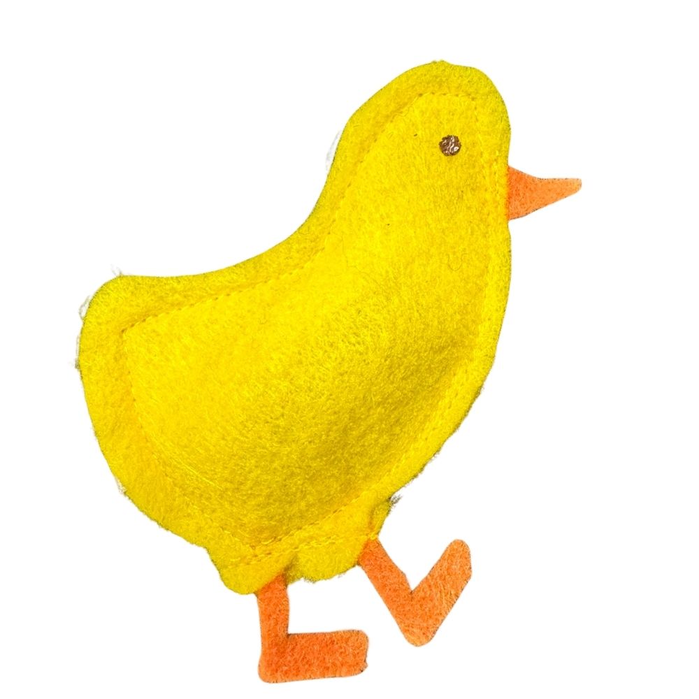 Yellow felt chick cat toy filled with catnip with orange beak and legs for interactive batting and kicking