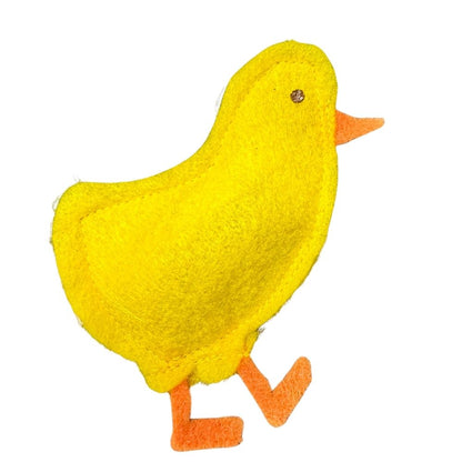 Yellow felt chick cat toy filled with catnip with orange beak and legs for interactive batting and kicking