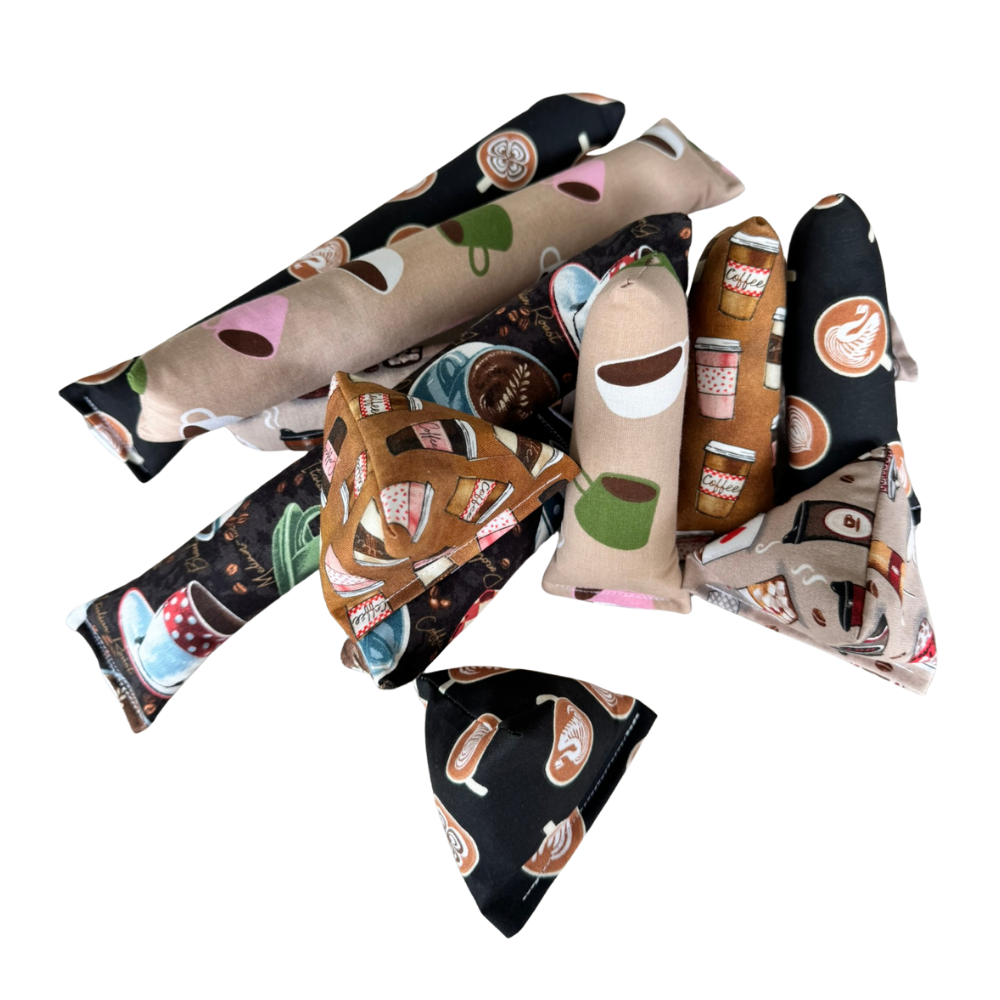 Coffee cat toys grouped together in Happy Sack Mini Kicker and Kicker shapes for interactive play