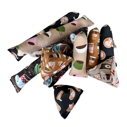 Coffee cat toys grouped together in Happy Sack Mini Kicker and Kicker shapes for interactive play