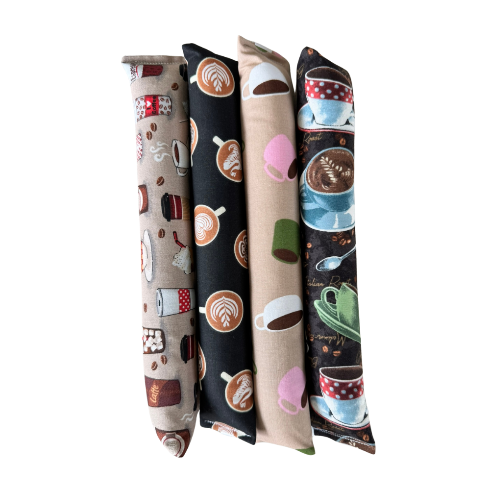 Coffee cat toy Kickers shown upright in assorted coffee assortments for grab and bunny kick play