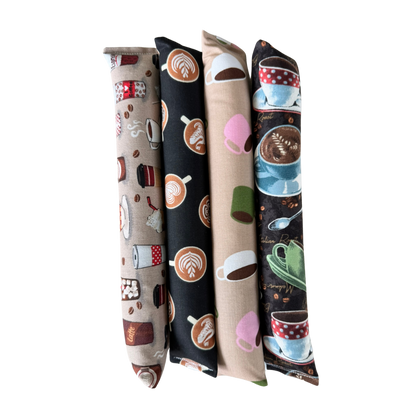 Coffee cat toy Kickers shown upright in assorted coffee assortments for grab and bunny kick play
