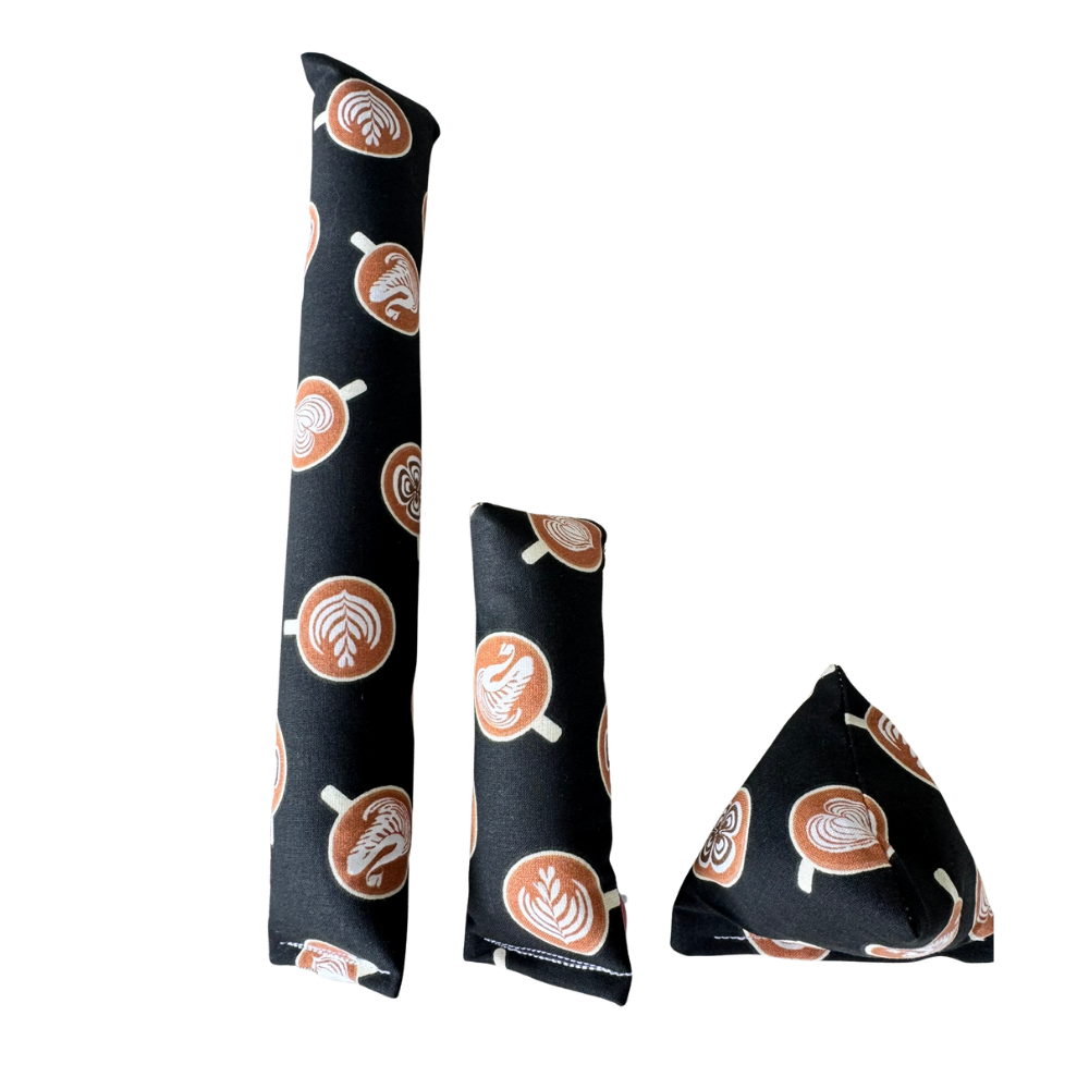 Coffee cat toy shown in Kicker Mini Kicker and Happy Sack shapes for size and play comparison