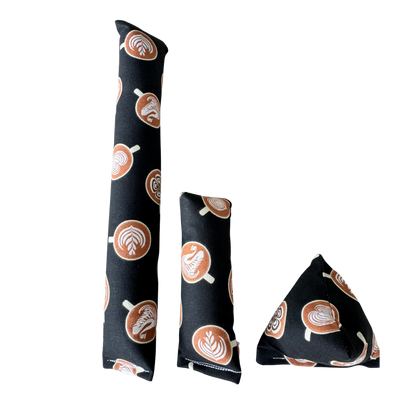Coffee cat toy shown in Kicker Mini Kicker and Happy Sack shapes for size and play comparison