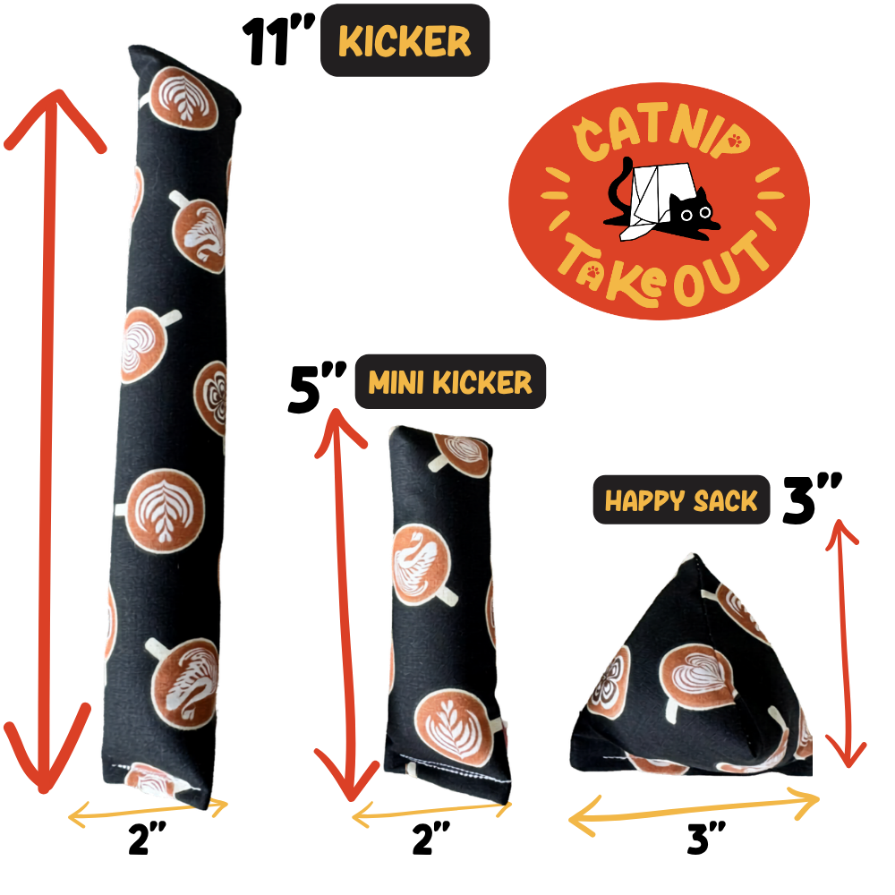Coffee cat toy size guide showing Kicker Mini Kicker and Happy Sack with labeled comparison