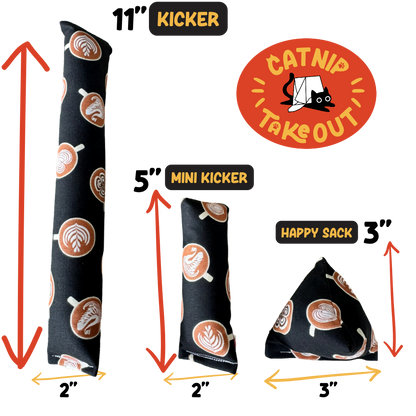 Coffee cat toy size guide showing Kicker Mini Kicker and Happy Sack with labeled comparison