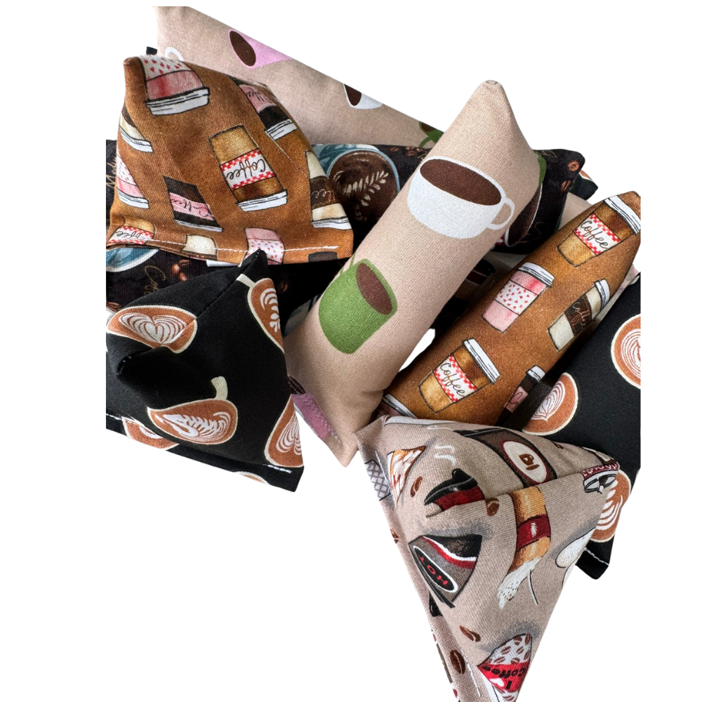 Close-up of coffee cat toys in different shapes for tossing, carrying, and bunny kick play