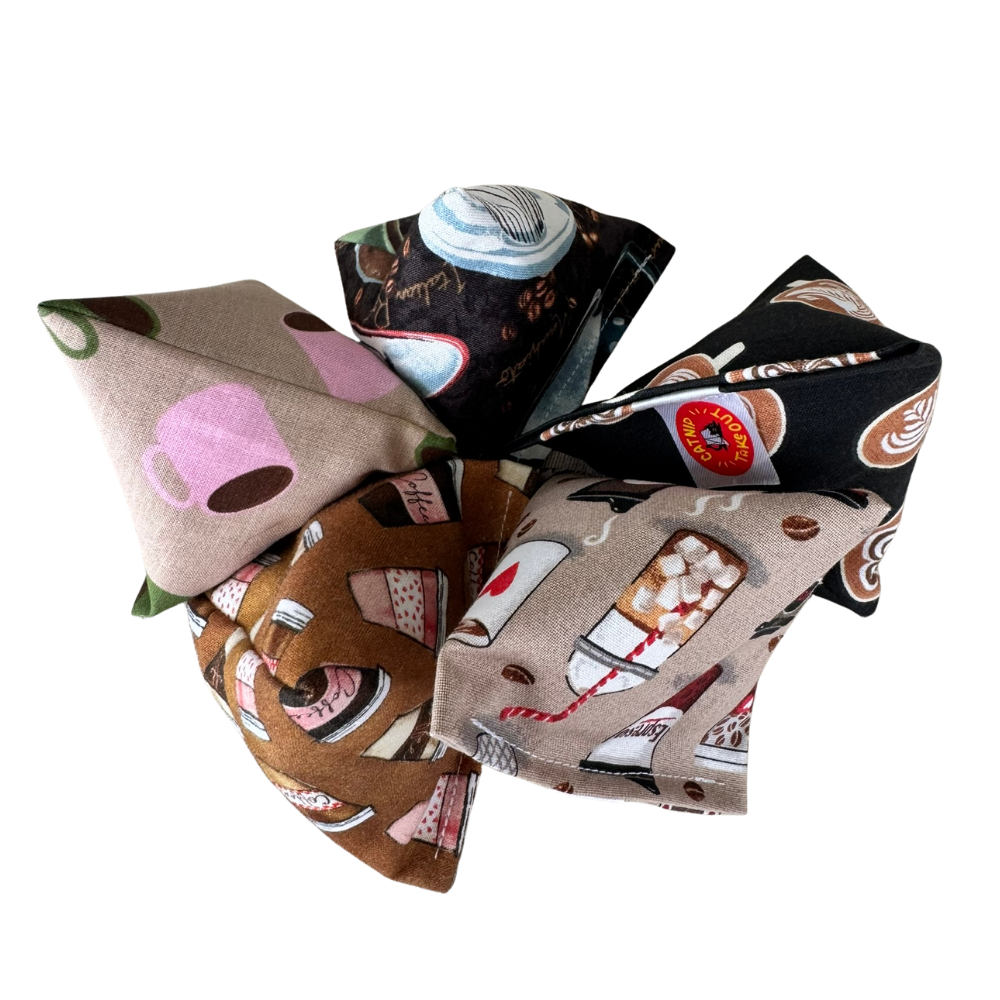 Coffee cat toy Happy Sacks shown together in assorted coffee cup and latte assortments