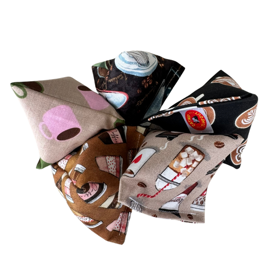 Coffee cat toy Happy Sacks shown together in assorted coffee cup and latte assortments
