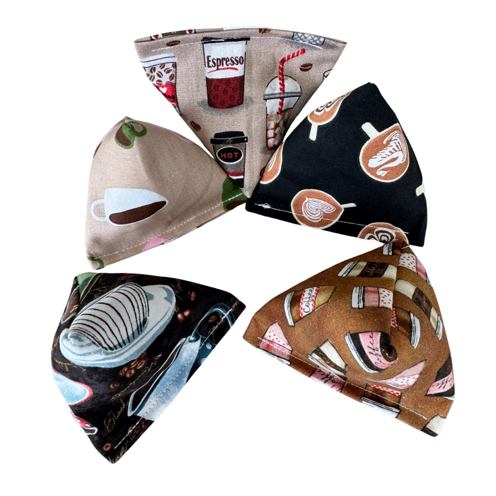 Coffee cat toy Happy Sacks grouped together in several assortments for batting and toss play