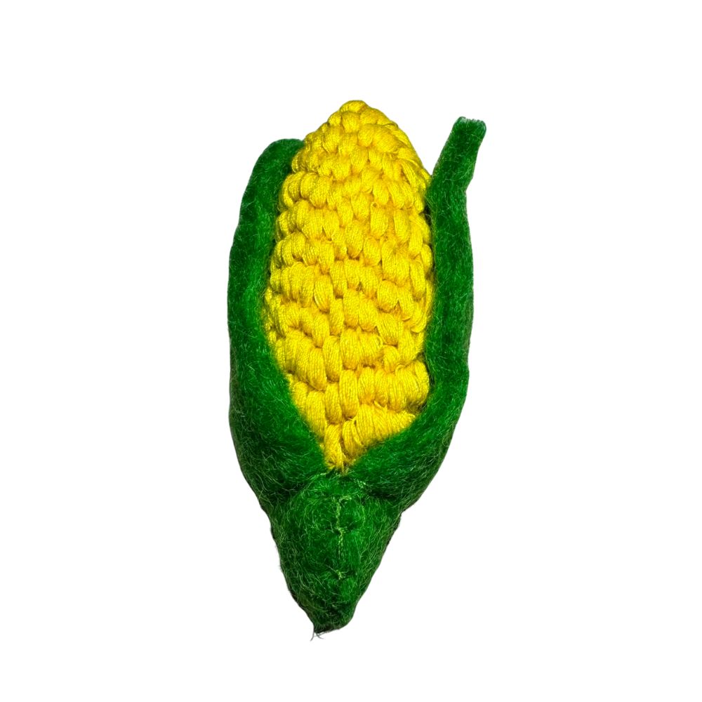 Corn-on-the-cob shaped wool cat toy with yellow textured kernels and green husk, sprayed with aromatic catnip for gripping, kicking, and interactive play. Made by CatnipTakeout.